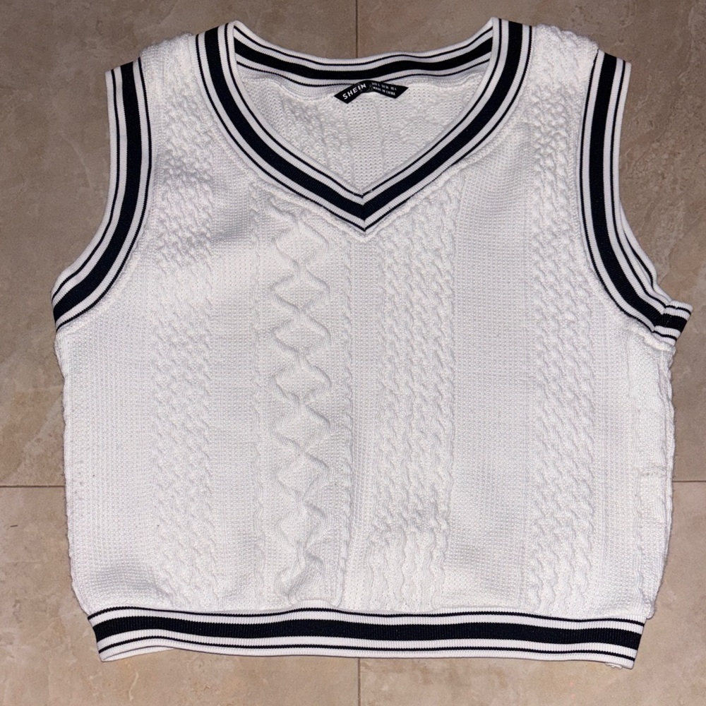 SHEIN White Knit Vest with Black Stripes